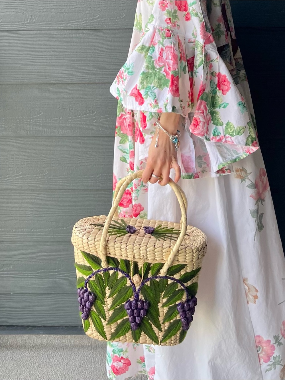 Vintage Handwoven Straw Purse Tote with Woven Grapes